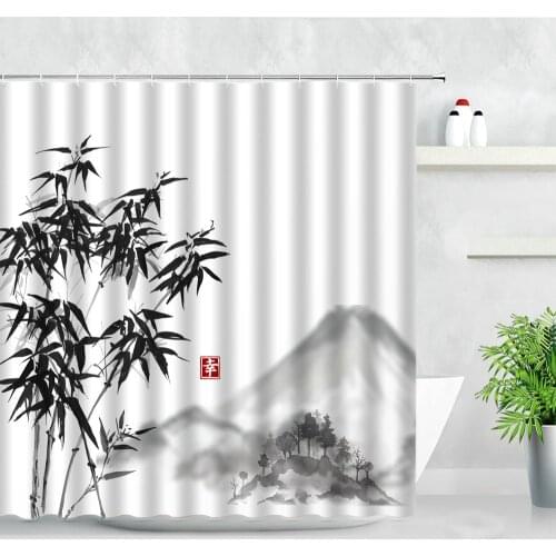 Landscape Shower Curtains Bamboo Mountain Chinese Style Ink Painting Waterproof Home Decor Polyester Fabric Bathroom Curtain Set
