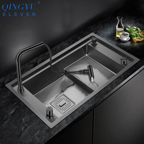 QINGYU ELEVEN Stepped Nanometer Sink 304 Stainless Steel Handmade Sinks 4mm Thickness 220mm Depth Large Size Kitchen Sinks