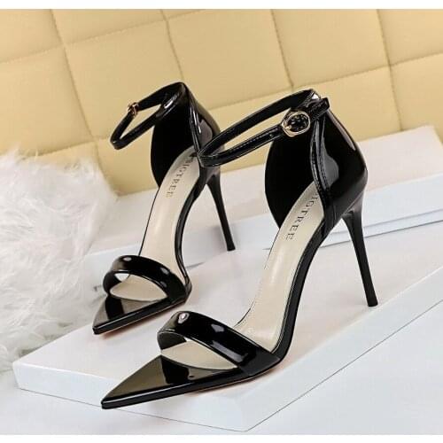 New Summer Female Concise Patent Leather Sandals Pointed Open Toe Ankle Buckle Women Shoes Stiletto Heels Dress Party Pumps Nude