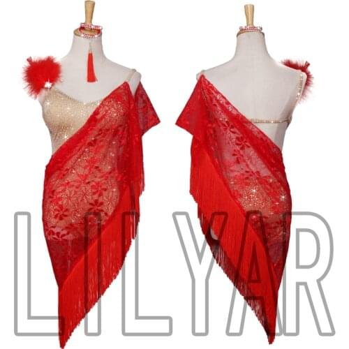 New Latin Dance Costume competition costume show Costume Adult Red custom scarf and Jumpsuit