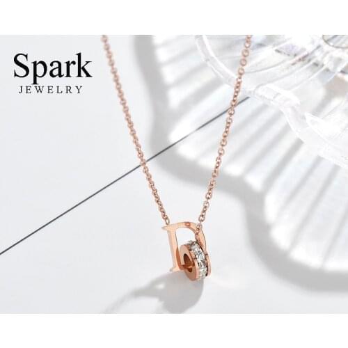 Spark Rose Gold Stainless Steel Letter D Pendant Necklaces Cubic Zirconia Round Pendant Necklace For Women Girls Gift Bijoux