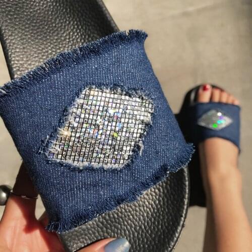 New Fashion Womens Summer Bling Flashing Sandals Denim Flat Slippers Flip Flops Women Sandals Zapatos De Mujer