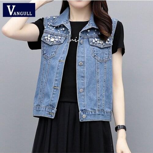 Vangull New Pearls Beading Women Denim Vest Sleeveless Turn-Down Collar Single Breasted Waistcoat Pocket Female Plus Size Vest
