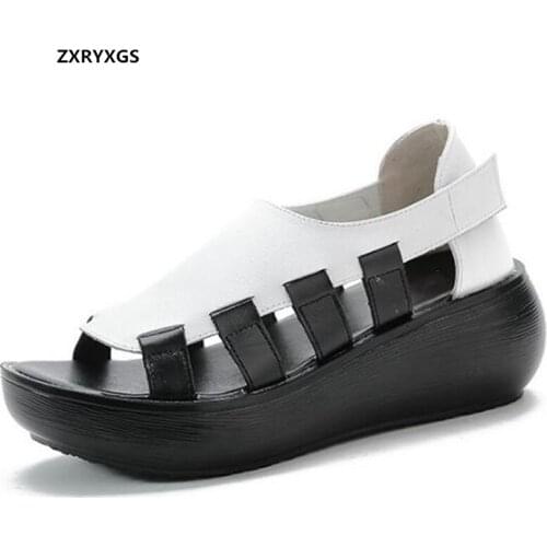 2021 New Personality Fish Mouth Spell Color Summer Women Sandals Genuine Leather Platform Increase Shoes Wedges Fashion Sandals
