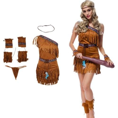Women’s Tasseled Suede Indian Costume Native Princess Fancy Dress Outfit Forests Hunter Costume Set Cosplay Hallowen