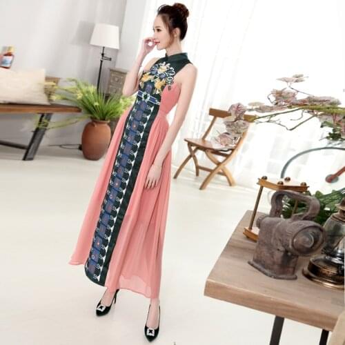High quality 2020 summer new fashion runway women maxi dress Stand collar Sleeveless Patchwork Cute Embroidery long dress
