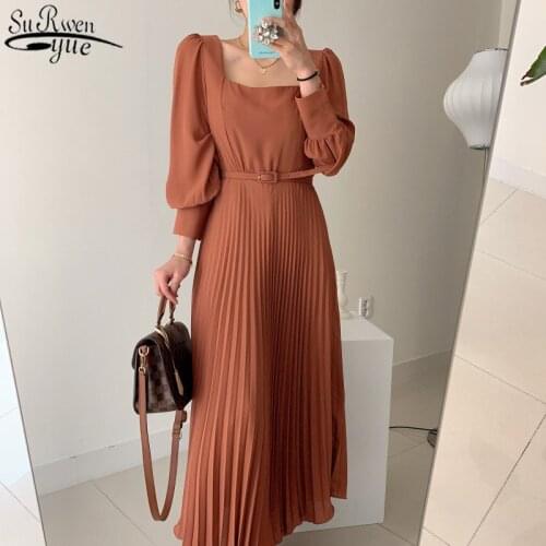 Korea Foreign Style Elegant Thin Square Collar High Waist Women Dress Solid Color Commute Length Pleated Dress with Belt 12801