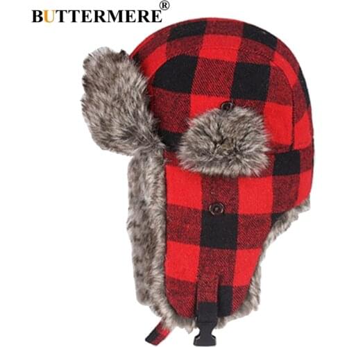 BUTTERMERE Winter Hats For Mens Bomber Hat Fur Red Warm Earflap Cap Windproof Women Thicker Plaid Russian Ushanka Hat Black Blue