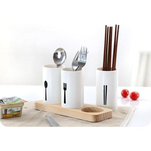 1PC PP+Oak Washable Kitchen Draining Rack Organizer Storage Box Spoon Spatula Chopsticks Brush Holder with Wood Base NJ 002