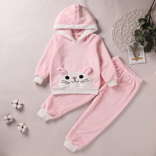 2Pcs Children Winter Loungewear Fleece Cartoon Rabbit Hooded Long Sleeves Tops + Pants Suit for Girls Pink