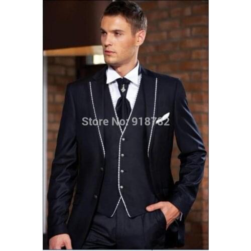 2016 Italian Custom Made Mens Navy Blue Suit Dinner Wedding Tuxedo Groom Wedding Suits 3 Pieces Groomsmen Coat+Pants+Vest+Tie