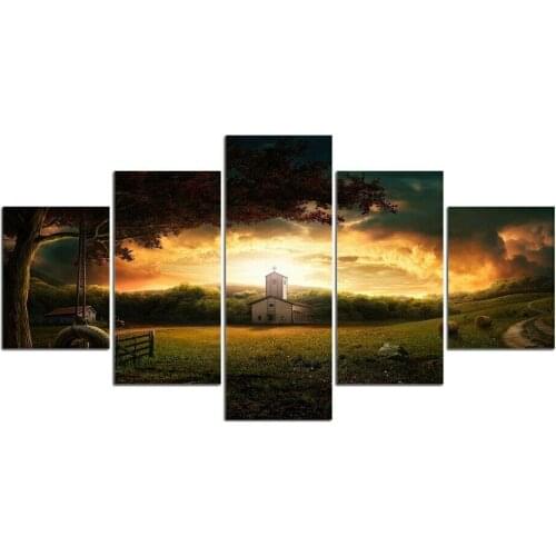 5 Pcs Sky Shiny Clouds Barn Church Canvas Pictures Print Wall Art Canvas Paintings Wall Decorations for Living Room Unframe