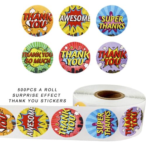 500pcs/roll Cartoon Thank You Stickers Roll 6 Designs Cute Words for Kids School Teacher 1 inch Reward Thank You Sticker