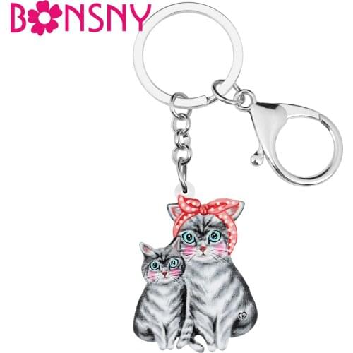 BONSNY Mothers Day Acrylic Cute Gray Bow Knot Cat Kitten Keychains Ring Fashion Key Chain Charms Gifts Jewelry For Women Girls