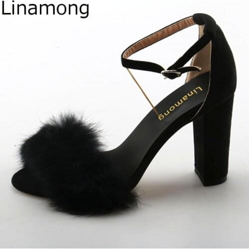 Summer Ladies Soft Fur Embellished Ankle Strap Sandals Chunky High Heels Simple Women Faux Suede Buckle Dress Outfit Sandalias