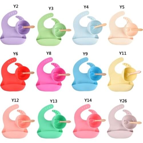 Baby Silicone Bowl Bibs Set Childrens Plate Spoon Bibs Dishes Feeding Tableware GXMB