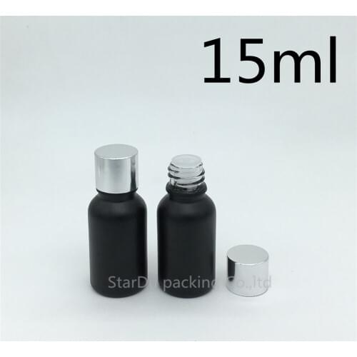 480pcs 15ML Black Frosted Glass Bottle Vials Essential Oil Bottle Shining silvery Aluminum cap Perfume bottle