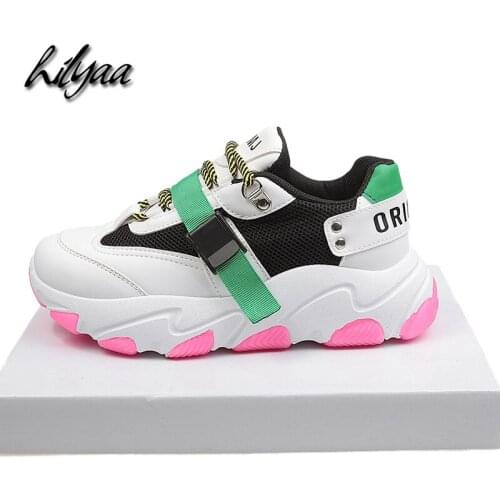 HILYAA New Woman Sneakers Platform Vulcanized Shoes Ribbon PU Leather Mesh Comfortable Casual Shoes Women Snwakers Big Size 9