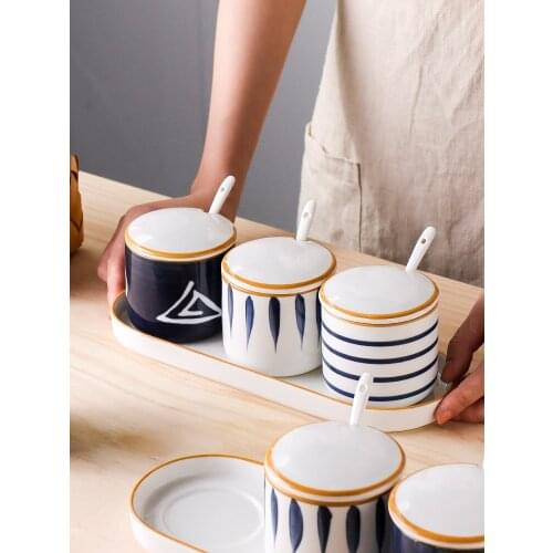 Spice Box Ceramic Material Spice Container Kitchen Supplies MSG Salt Jar Household Combination Set Seasoning Storage Box