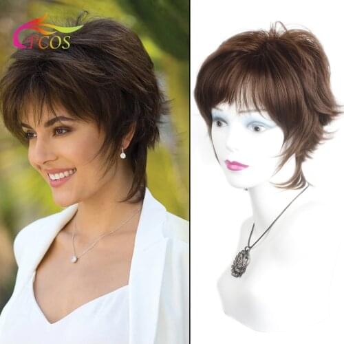 Short Brown Synthetic Hair Wigs for Black Women Female Haircut Puffy Straight Natural Wig with Bangs