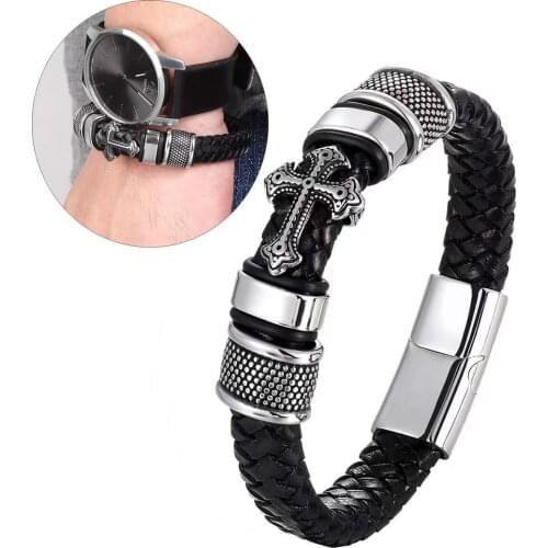 Leather hand-woven bracelet, leather woven cross, mens leather bracelet, retro stainless steel leather rope