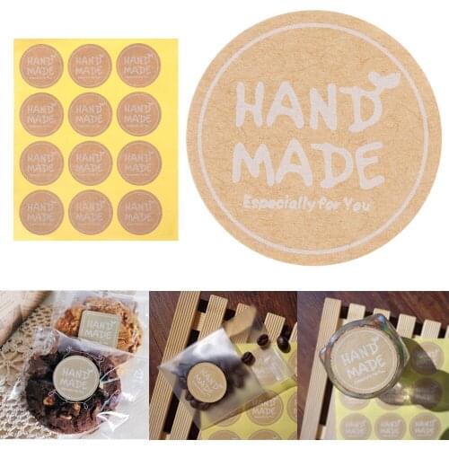 12PC/Sheet Round White DIY HAND MADE Sticker Kraft Label Sticker Handmade Gift Cake Packaging Sealing Decal Self-adhesive Paper