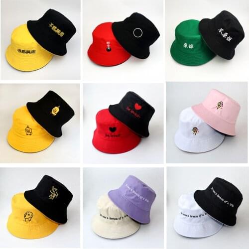 Embroidery Bucket Hat Double Sided Bucket Hat Fruit Chinese Words Unisex Fashion Panama Bob Cap Hip Hop Gorro Men Summer Caps