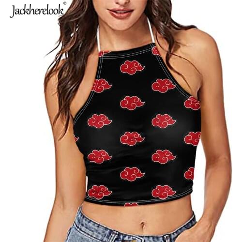 Jackherelook Akatsuki Anime Printing Holiday Sexy Slim Tanks Tops for Womens Bandage Clubwear Backless Vest Crop Top Camisole