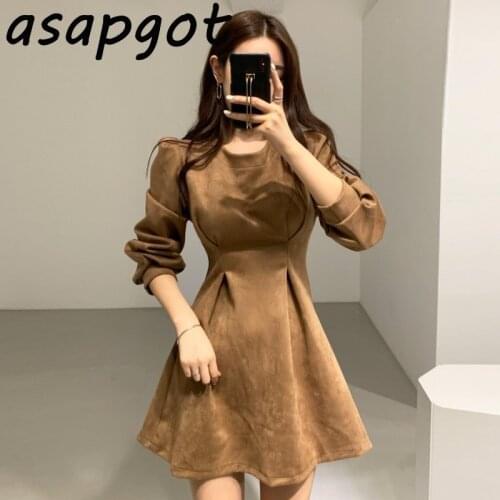 Asapgot Korea Chic Elegant Light Mature Woman Autumn Winter Temperament Retro Waist Slim Round Neck Mini Dress Women Full