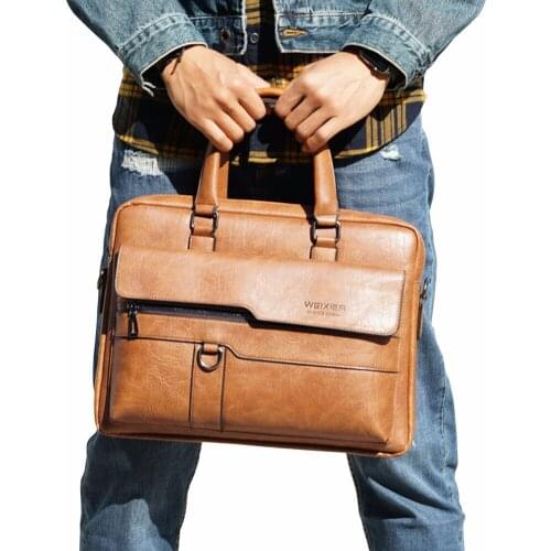 Retro Men Solid Color Bag Faux Leather Briefcase Large Capacity Tote Shoulder Bag Casual Business Laptop Briefcase
