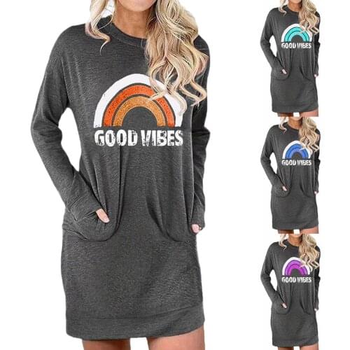 Print Loose Dress for Women Hot Sale Spring New Rainbow Comfortable Mid-length Pocket Free Shipping Plus Size Dress Long Skirts