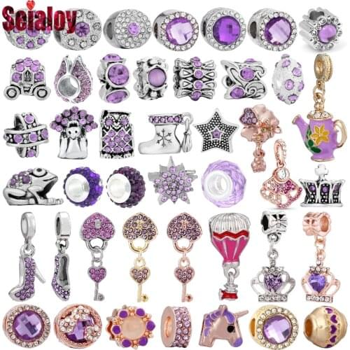 Seialoy 2pcs Purple Rhinestones Round Beaded Crystal Crown Dangle Charm High Heels Pendant Fit Diy Bracelets Jewelry Making