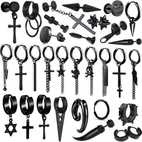 1 pair Punk Black Multiple Styles Stainless Steel Stud Earrings For Men and Women Gothic Street Pop Hip Hop Ear BTS Jewelry