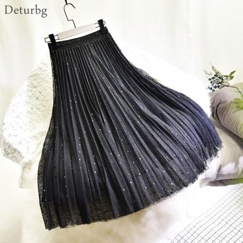 Womens Elegant Dot Print Midi Tulle Skirt Korean Female High Waist 3 Layer Black Pleated Mesh Skirts Faldas 2020 Autumn SK591
