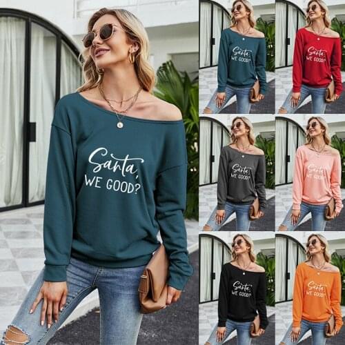 Womens round neck long sleeve solid color pure cotton with letter pattern casual loose fashion T-shirt