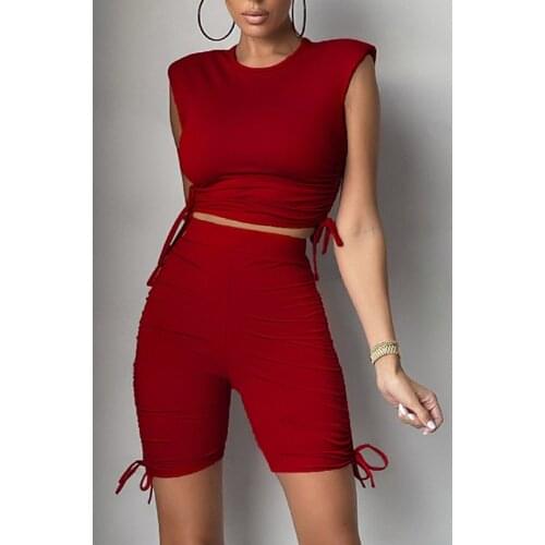 2021 New Style Women Summer Casual Set Drawstrings Sleeveless Tanks Cropped Tops+High Waist Shorts For Fitness Sportwear