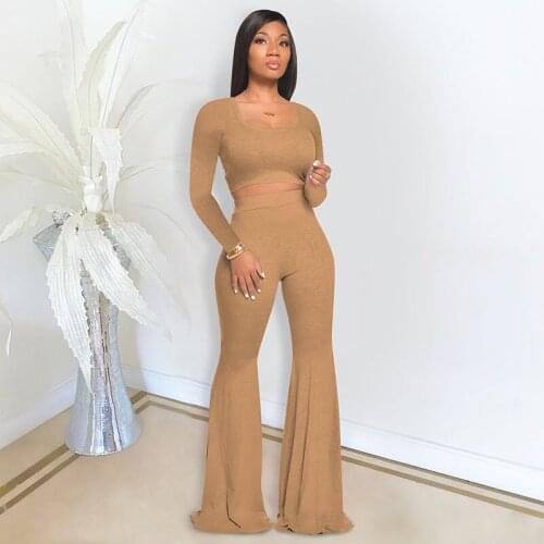 Womens Solid Color Sportsuit Slim Long Sleeved Top + Flared Pants 2 Piece Set Summer 2021 Womens Solid Color Knit Pants Set