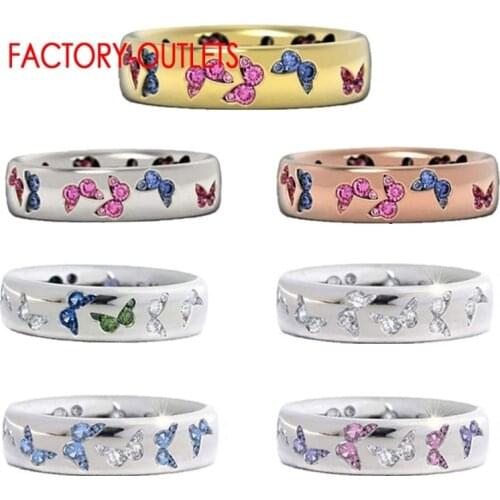 Genuine 925 Sterling Silver Round Finger Rings With Butterfly Image For Women Engagement Wedding Statement Jewelry Crystal Rings