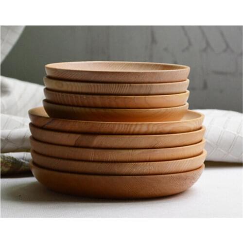 1pc Kitchenware salad plates wood bowl shallow circle round dish tabletop fruit tray simple design wooden tray kitchen tools set
