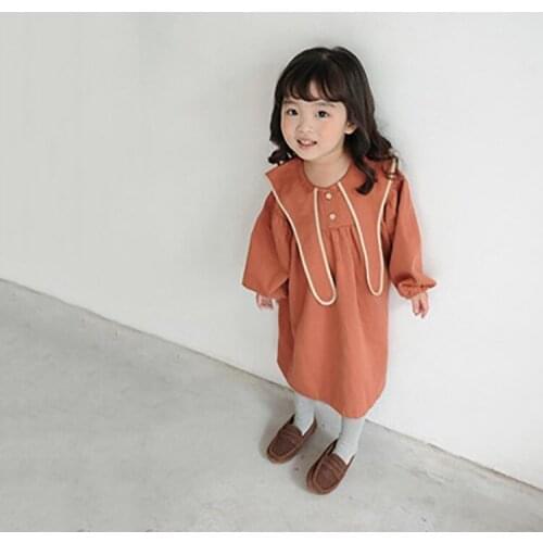 2021 Spring Korean Childrens Wear Girl Lapel Rabbit Cotton Long Sleeve Dress Girl Baby Dress Cute Skirt