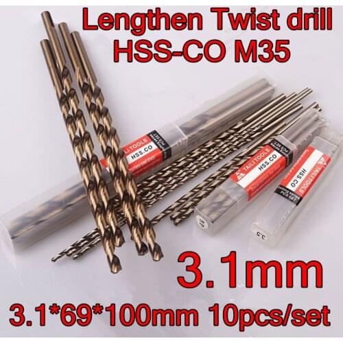 3.1*69*100mm 10pcs/set HSS CO5% M35 Containing cobalt longer twist drill Processing stainless steel and steel