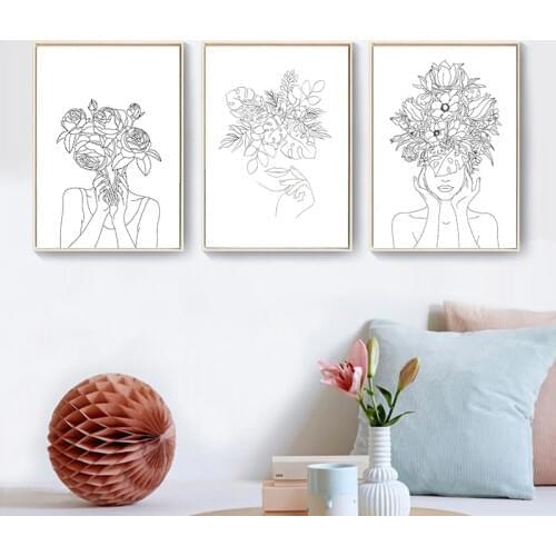 Abstract Woman Flower Head Line Drawing Posters and Prints Black White Minimalist Art Pictures Canvas Painting Home Wall Decor
