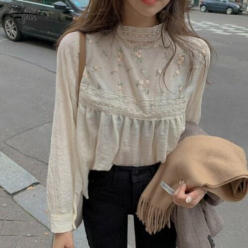 Blusas New Elegant Lace Stand Collar Blouse Shirt Sexy Hollow Out Floral Embroidery Feminine Blouse Women Long Sleeve Tops 11272