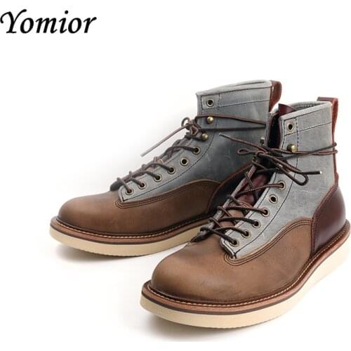 Yomior New Handmade Vintage Men Shoes Real Cow Leather Round Toe Ankle Boots Mixed Colors Lace-Up Platform Boots Motorcycle Boot