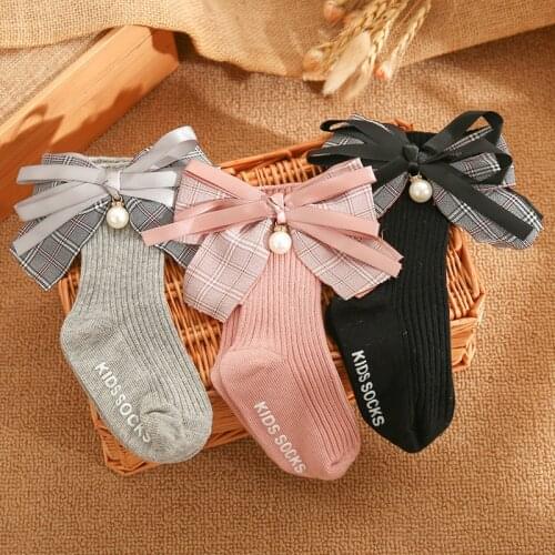 FOCUSNORM 0-3Y Infant Kids Baby Girls Sock Plaid Bowknot Solid Anti-Slip Ribbed Tube Socks 3 Colors