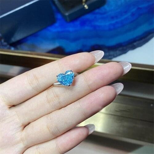 Big Heart Stone Aqua Blue Zircon Ring Luxury Crystal Love Rings For Women Wedding Jewelry Vintage Silver Color Ring Couple Gifts