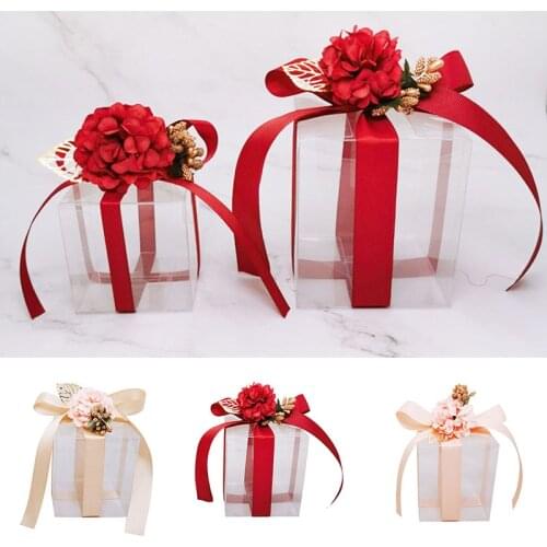 Creative Candy Boxes PVC Transparent Wedding Favors and Gifts Box Square Flower Ribbon Romantic Packaging Box Party Gift Bag