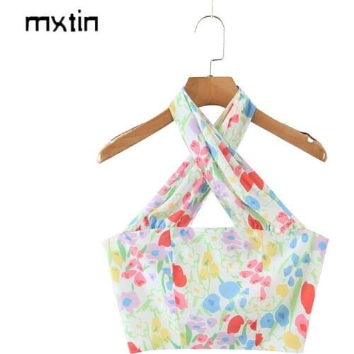 MXTIN 2021 Women Summer Vintage Floral Print Cropped Tank Tops Fashion Sleeveless Backless Back Zipper Slim Casual Camis Tops