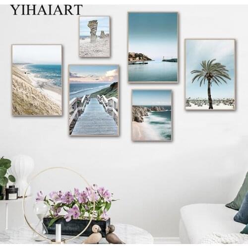 Nature Seascape Wall Art Print Painting Ocean Sea Beach Bridge Canvas Poster Nordic Stone Carving Picture Living Room Decoration