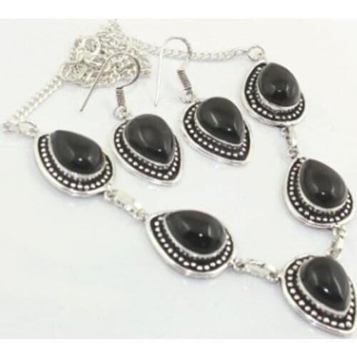 Black Onyx Necklace Earing Silver Overlay over Copper , 48 cm, N3029